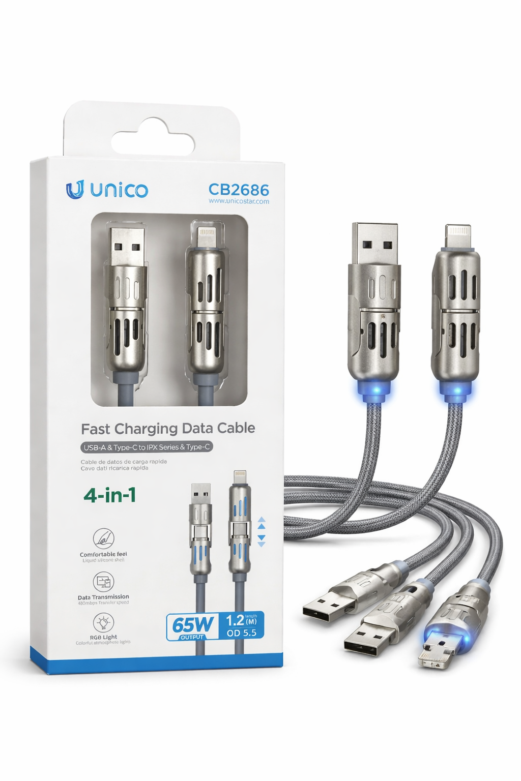 Cavo Ricarica Rapida 4 in 1 Unico CB2686 – 65W, USB + Type-C + Lightning