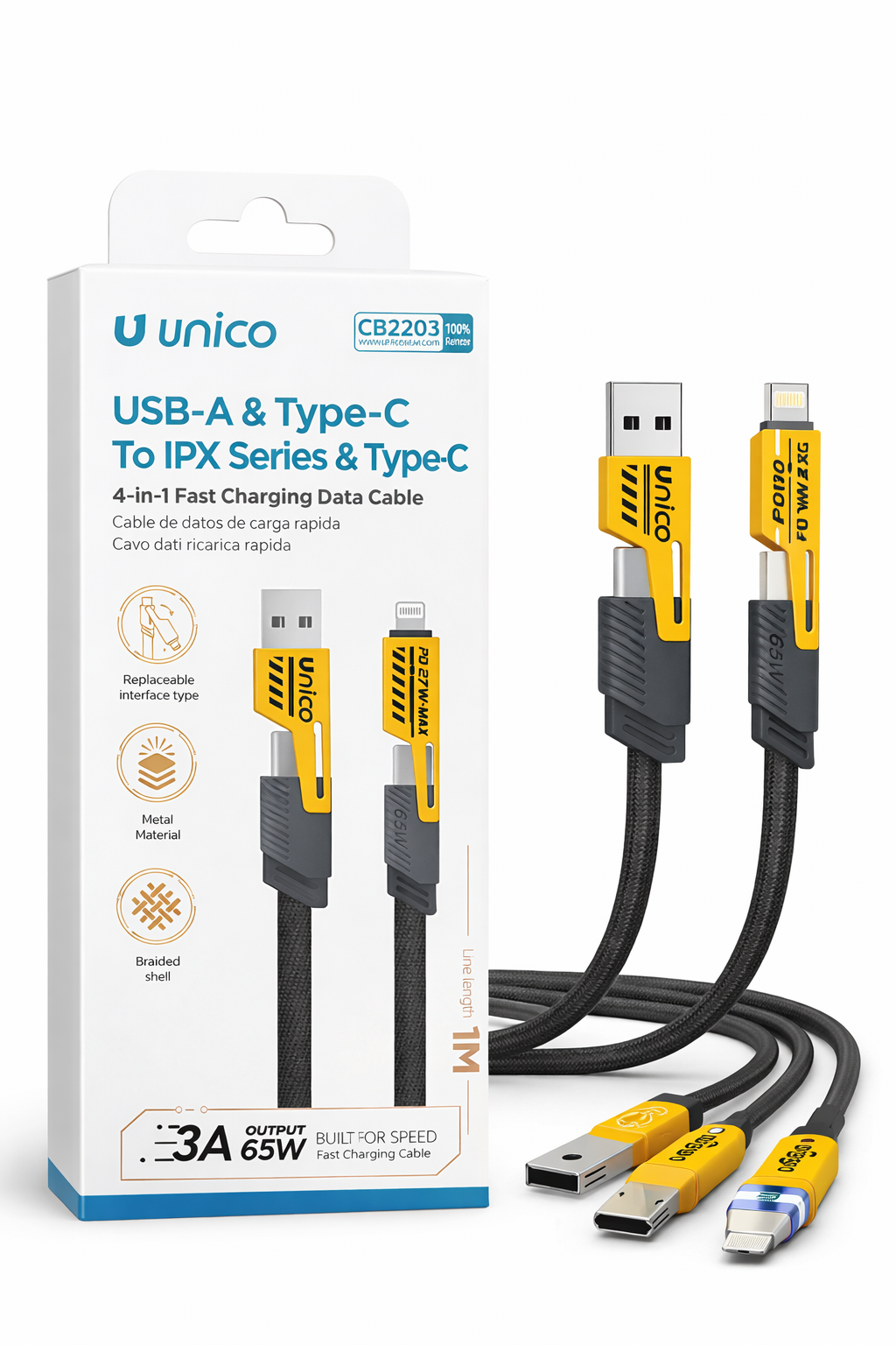 Cavo Ricarica Rapida 4 in 1 Unico CB2203 – 65W, USB-A + Type-C + Lightning, 1 Metro