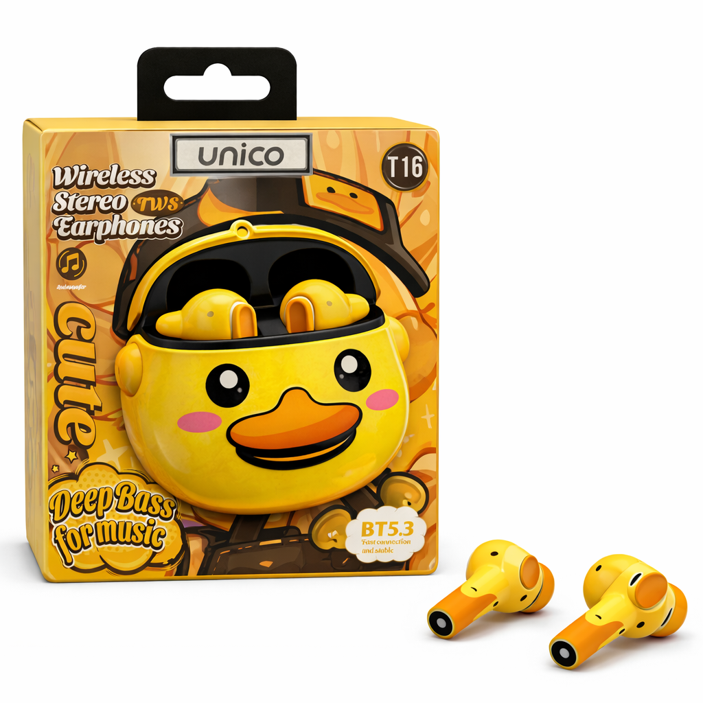 Auricolari Bluetooth TWS Unico T16 – Custodia Duck Design, Deep Bass, BT 5.3